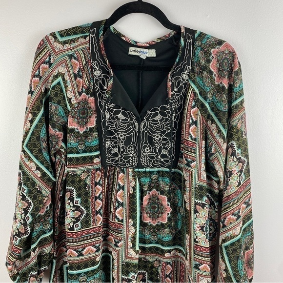 BAILEY Blue Boho Embroidered Semi Sheer Sleeve Tunic Top Large - Picture 3 of 12